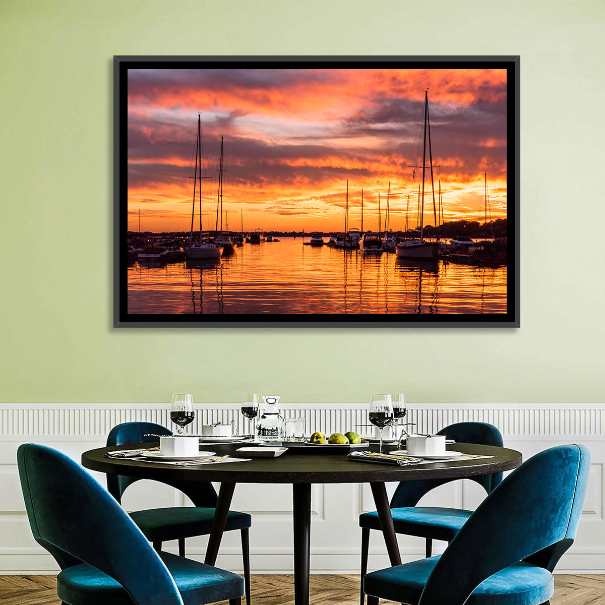 Lake Norman Harbor Sunset Wall Art in a room, landscape