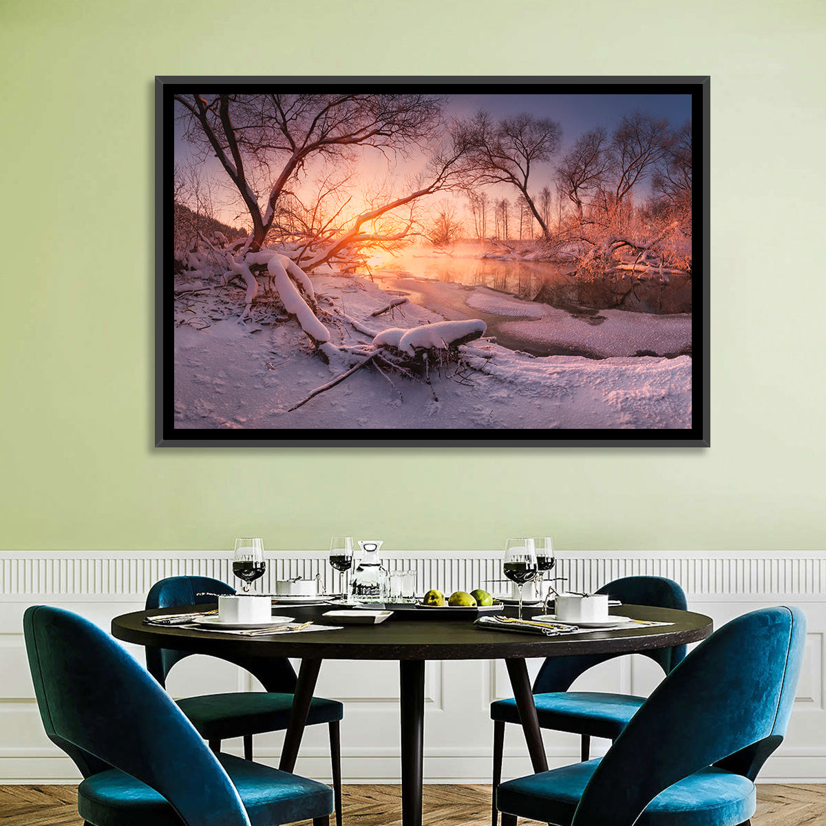 Sunset Over Snowy Forest Lake Wall Art in a room, landscape
