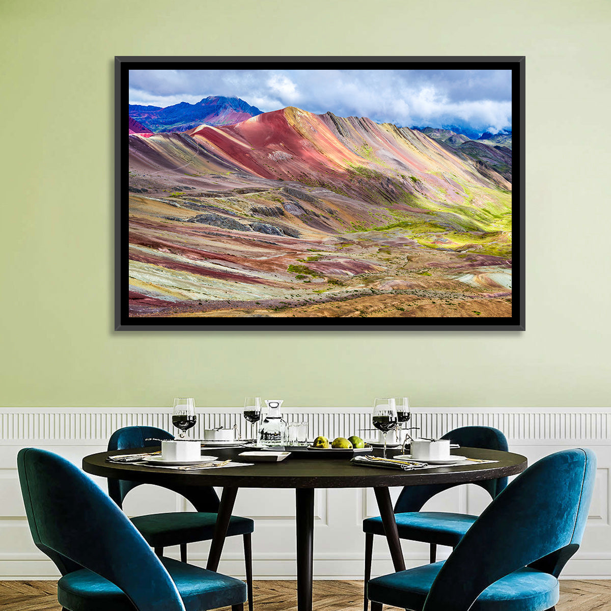 Vinicunca Rainbow Mountain Peru Wall Art in a room, landscape