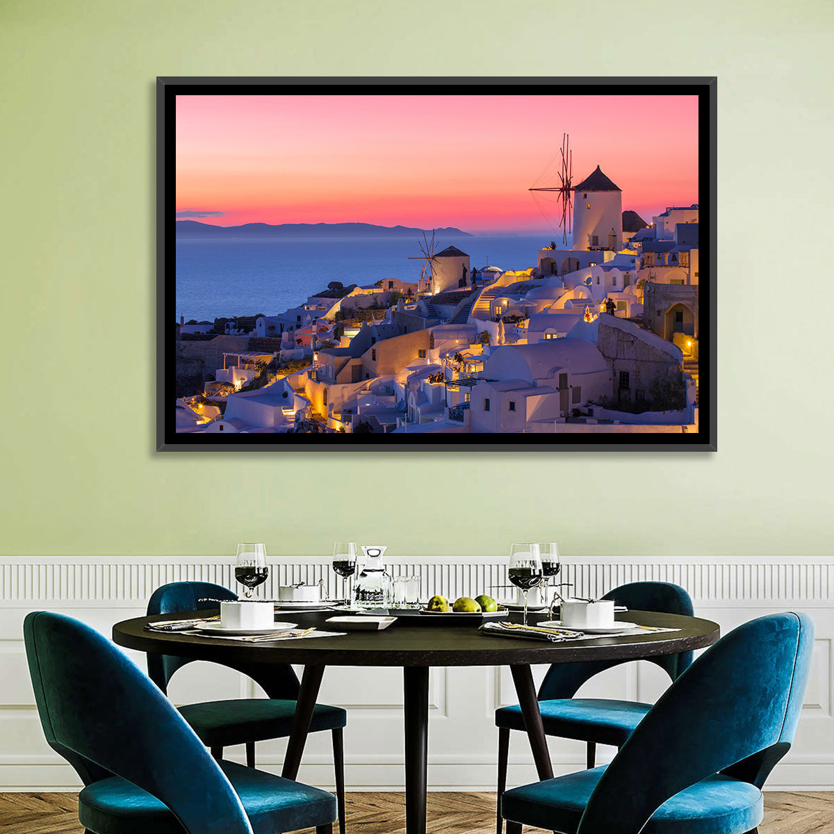 Oia Windmills at Dusk Wall Art in a room, landscape