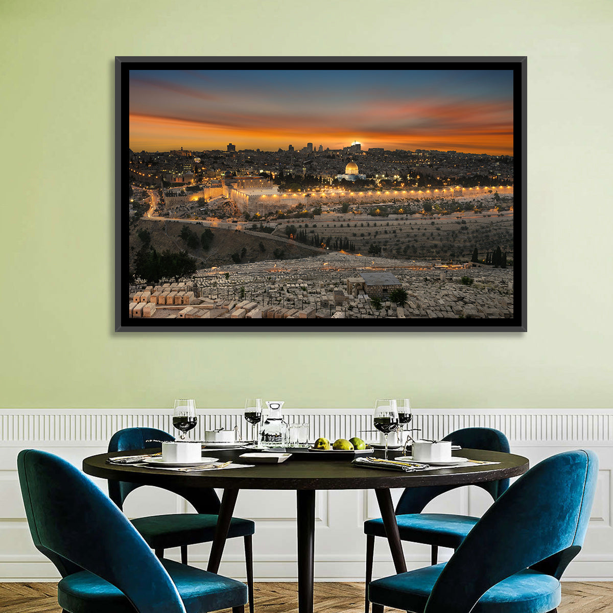 Jerusalem Sunset Over Temple Mount Wall Art in a room, landscape
