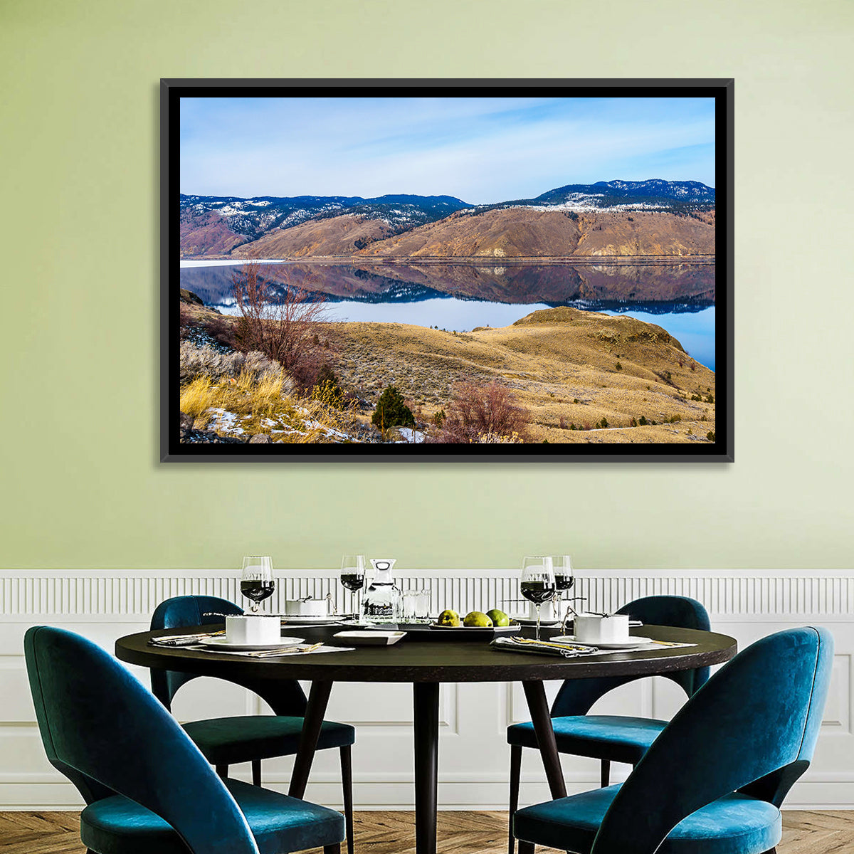 Kamloops Lake Mountain Reflection Wall Art in a room, landscape