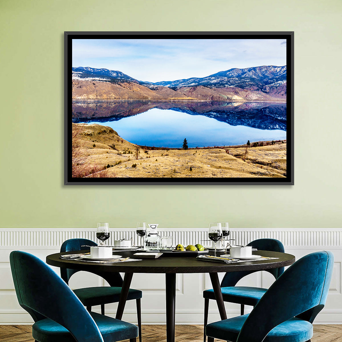 Kamloops Lake Sunset with Snow Capped Peaks Wall Art in a room, landscape
