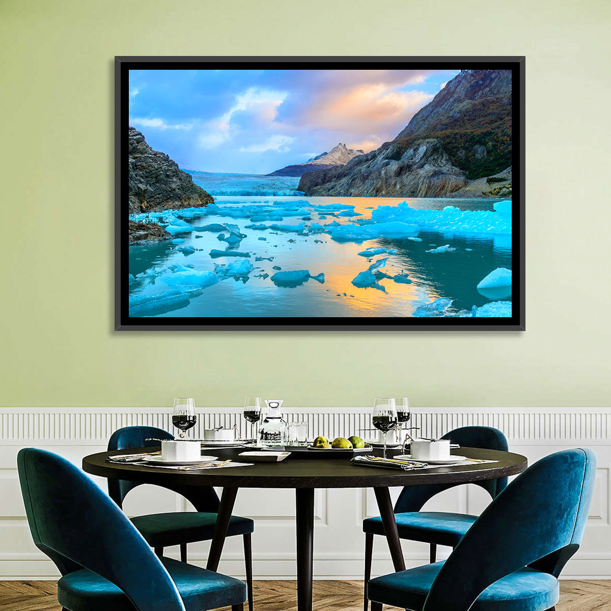 Grey Glacier at Sunset Wall Art in a room, landscape