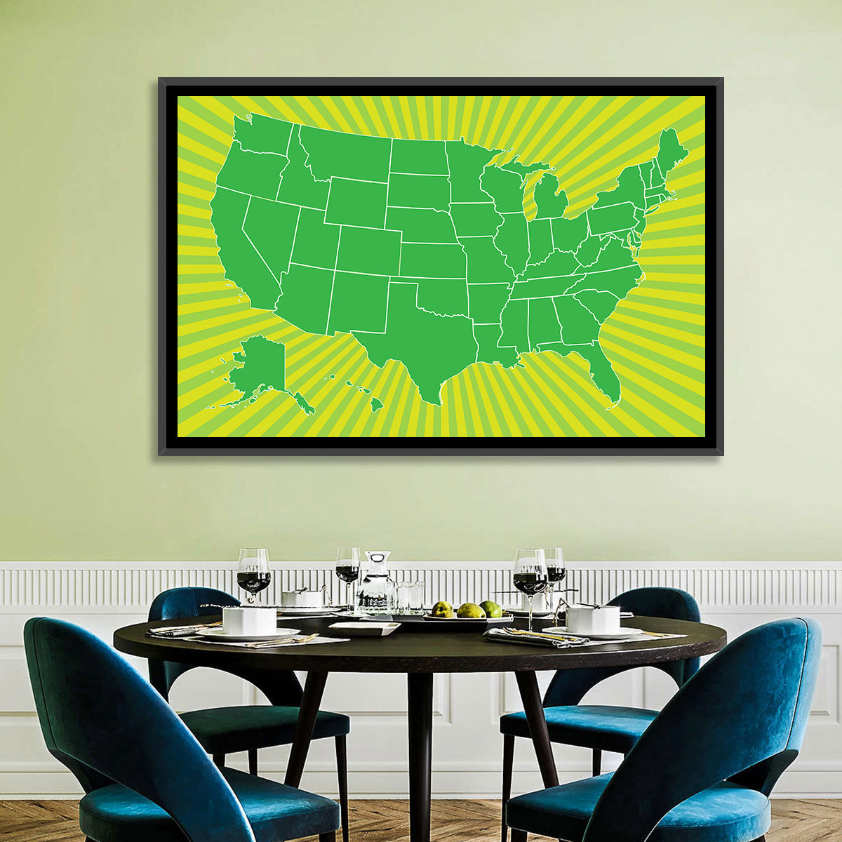 Green Sunburst USA Map Wall Art in a room, landscape