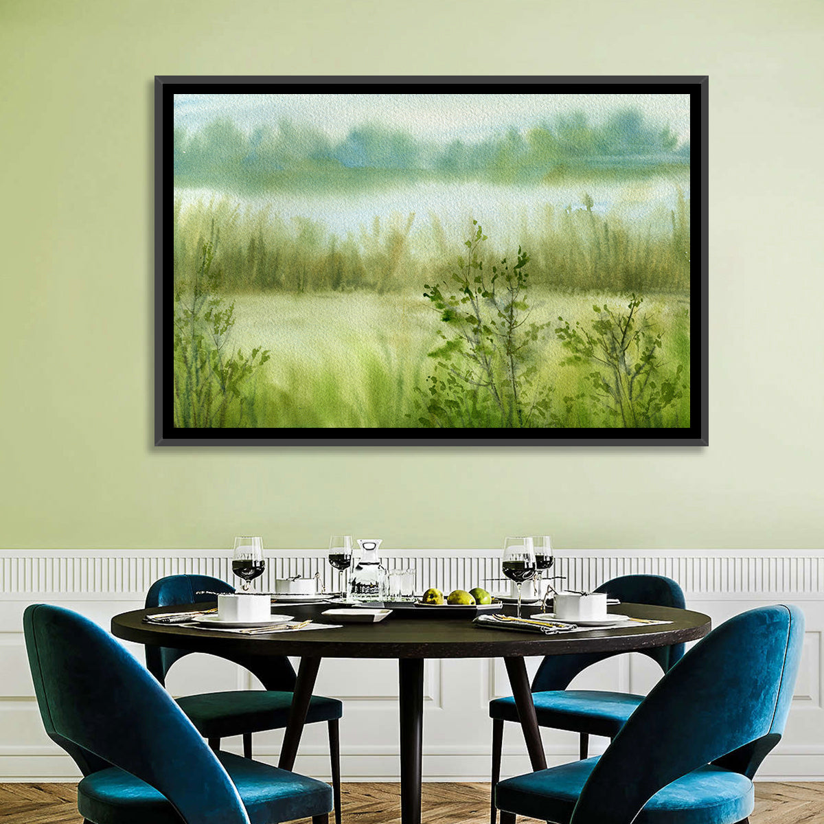 Misty River Meadow Watercolor Wall Art in a room, landscape