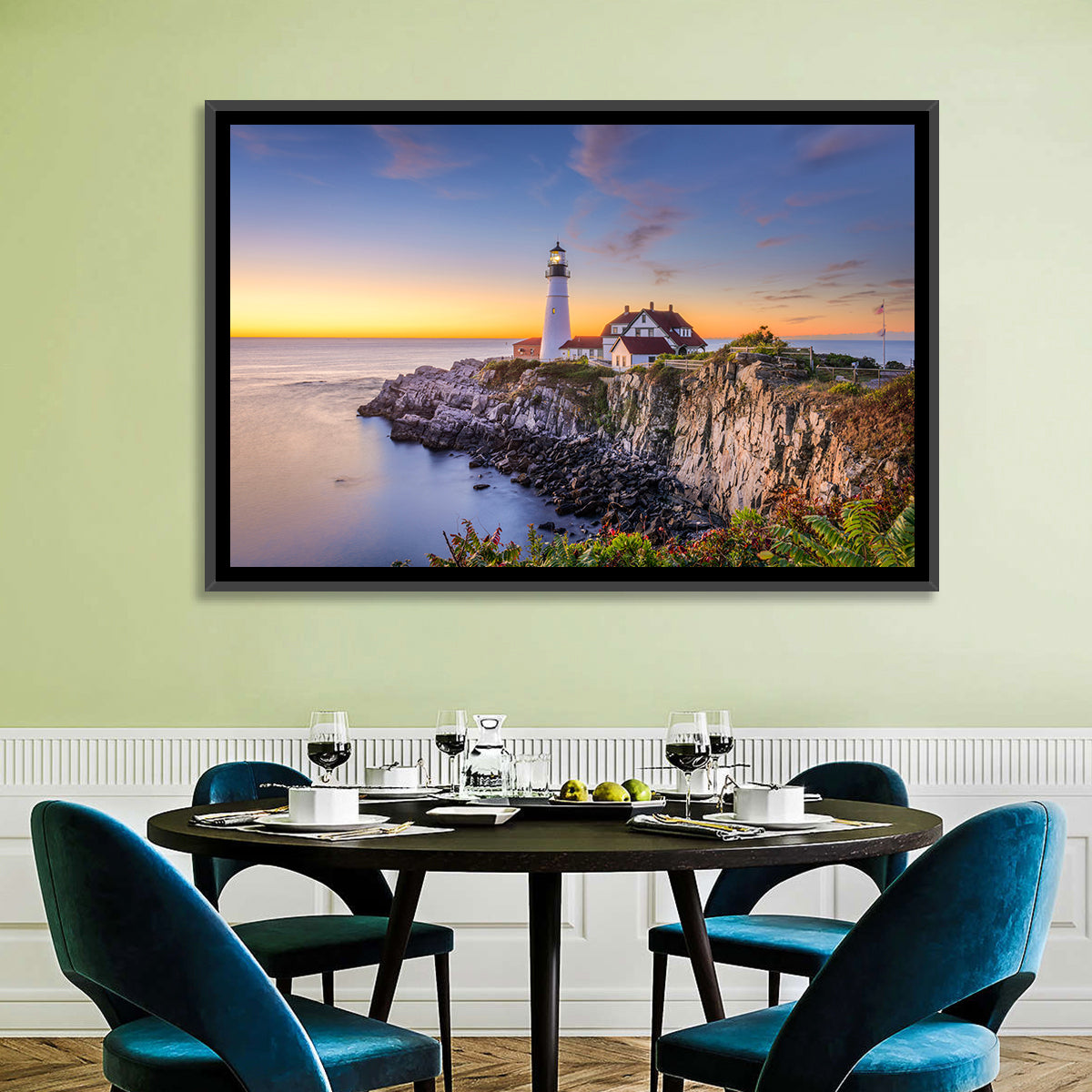 Portland Head Light at Dusk Wall Art in a room, landscape