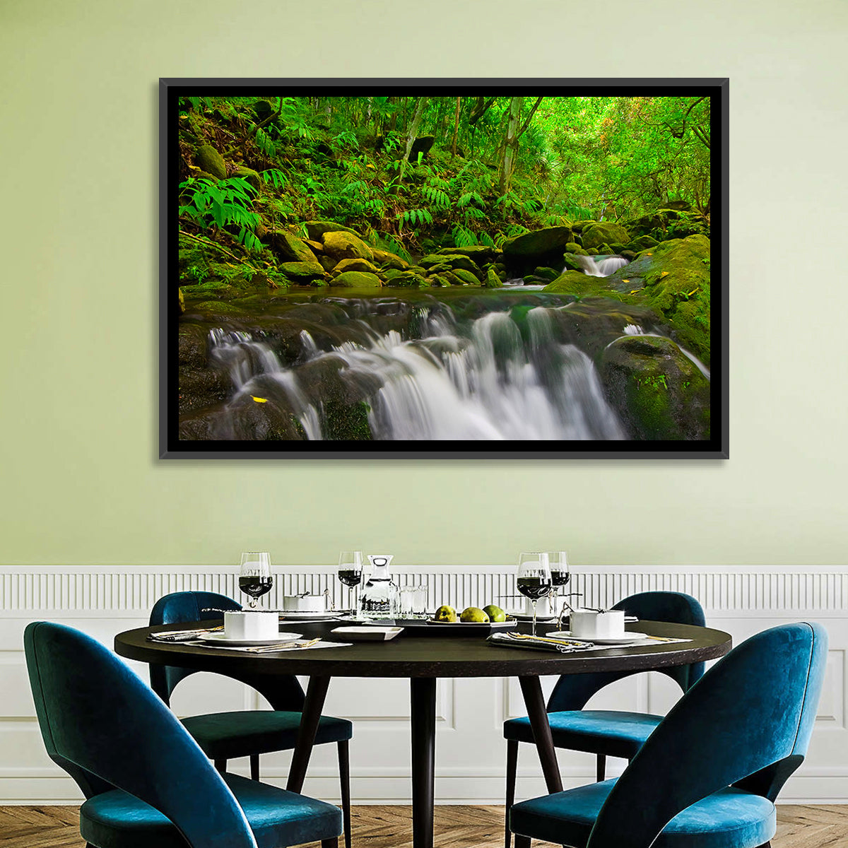 Emerald Jungle Stream Wall Art in a room, landscape