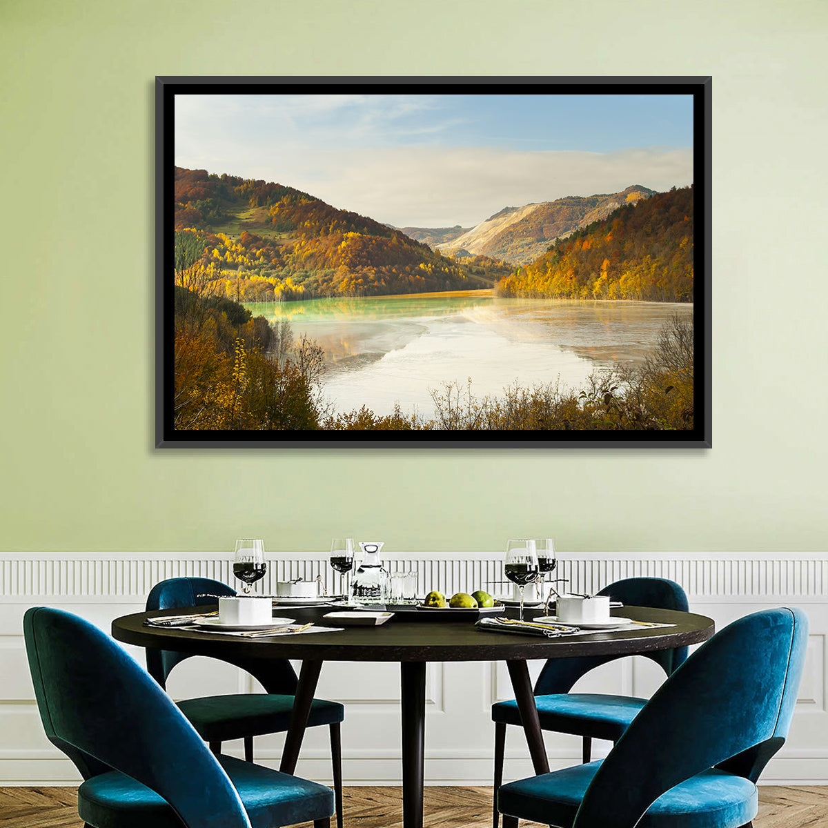 Bright Green Tailings Lake Wall Art in a room, landscape