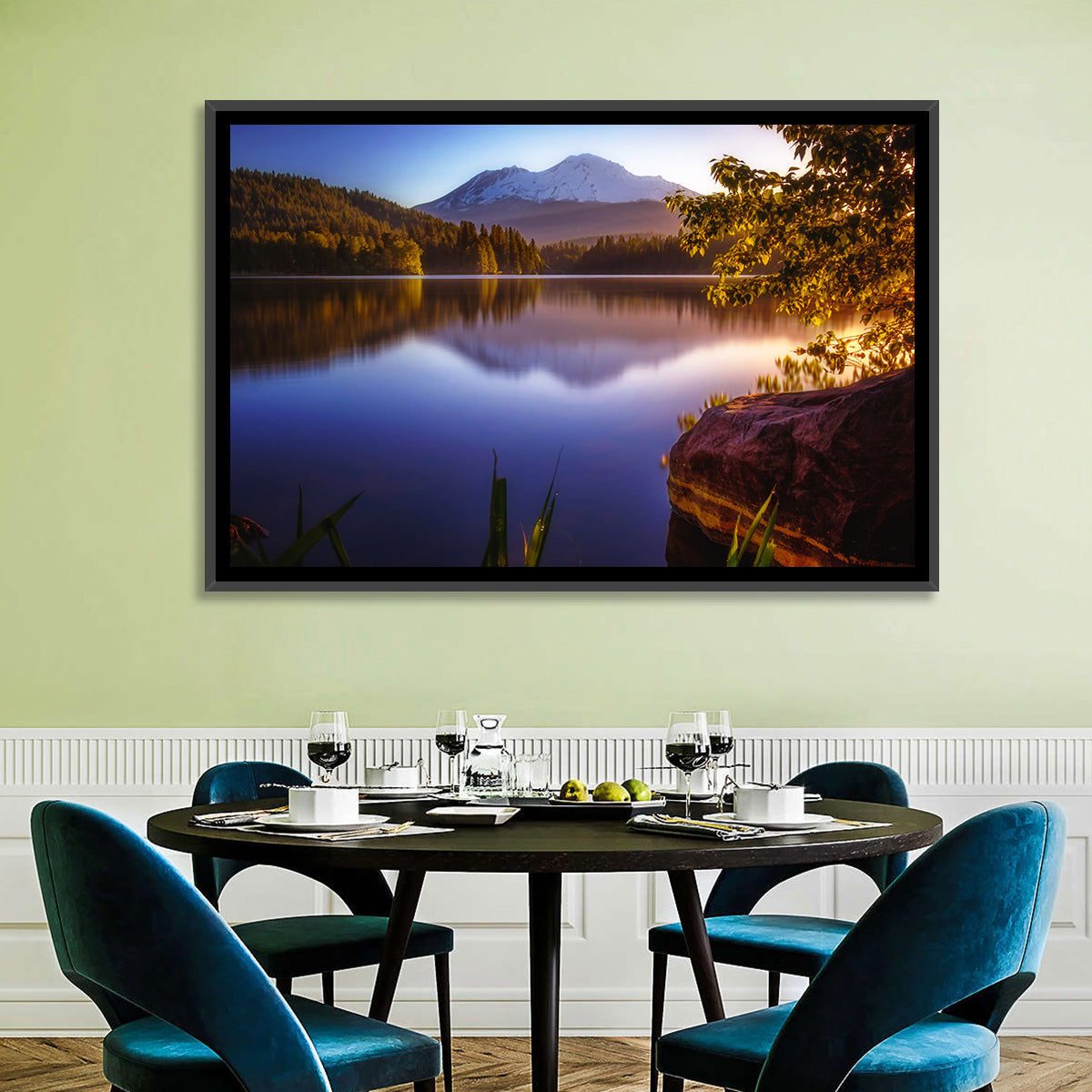 Mt Shasta Reflection at Lake Siskiyou Wall Art in a room, landscape