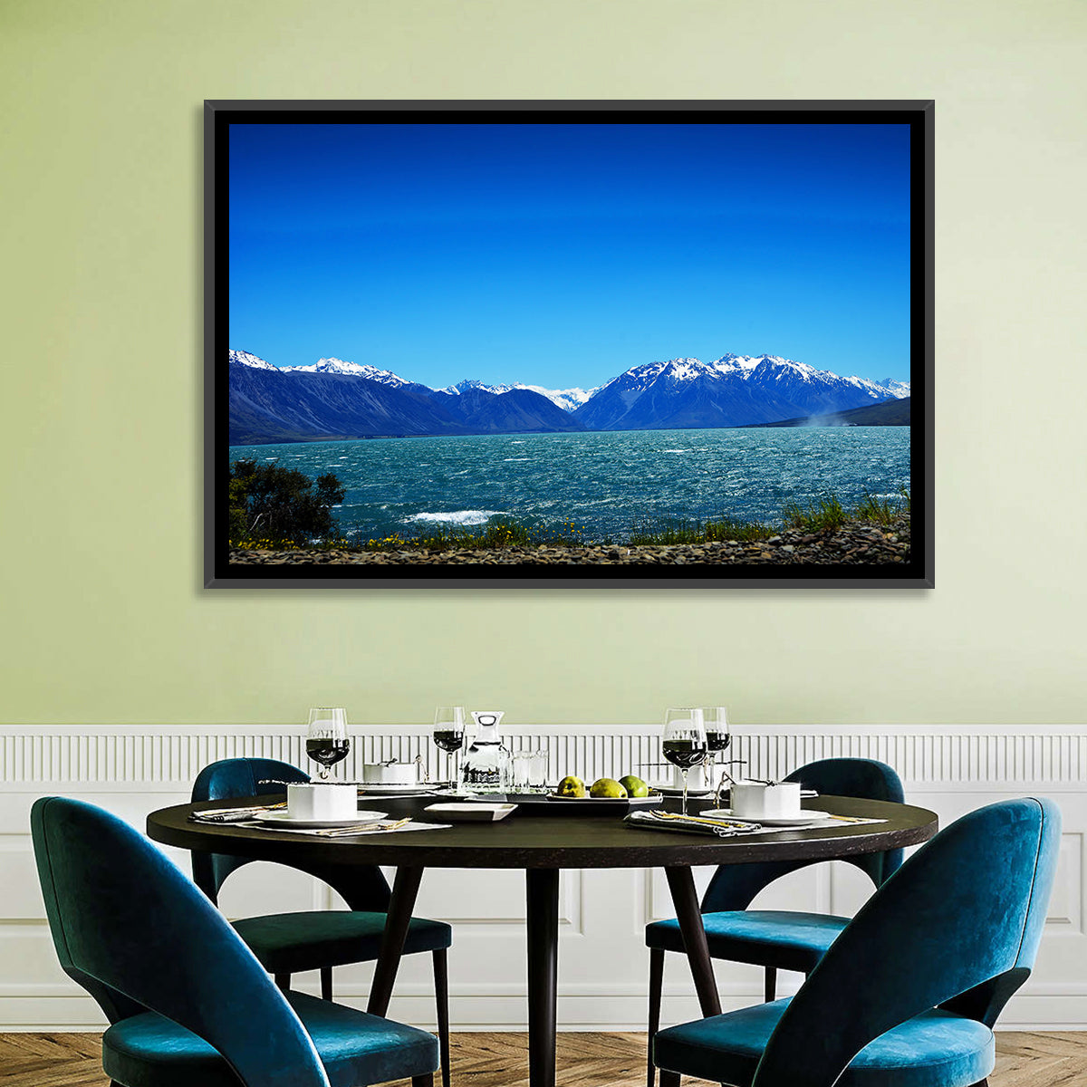 Lake Ohau Snow Peaks Wall Art in a room, landscape