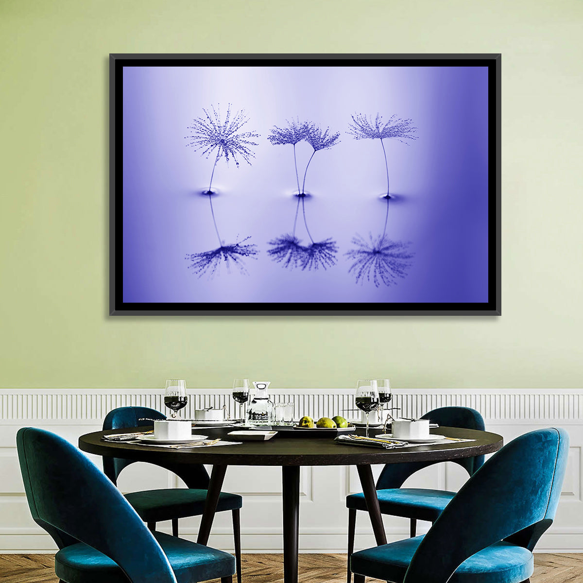 Blue Dandelion Seeds with Reflections Wall Art in a room, landscape