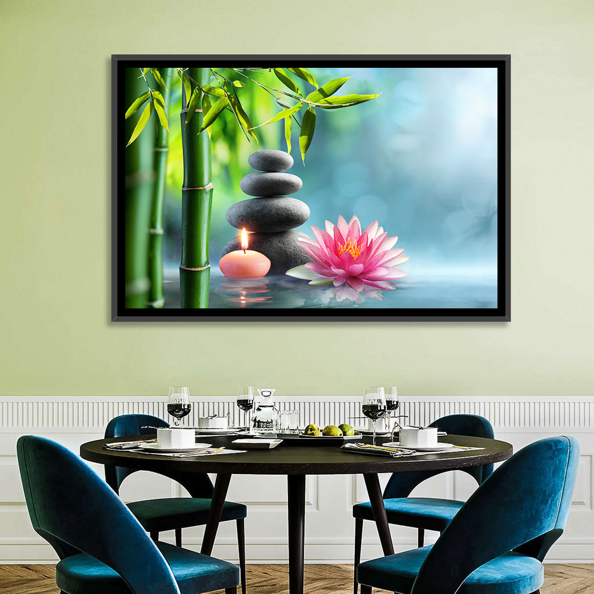 Zen Massage Stones with Waterlily Wall Art in a room, landscape