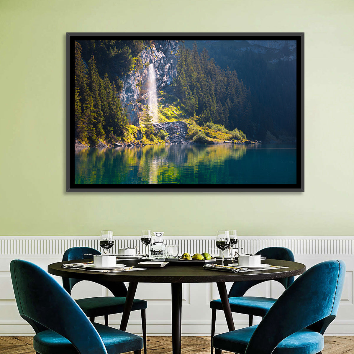 Lake Oeschinen Waterfall Reflection Wall Art in a room, landscape