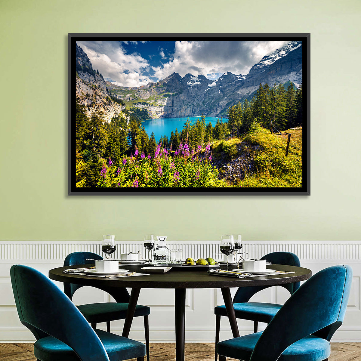 Oeschinensee Summer Landscape Wall Art in a room, landscape