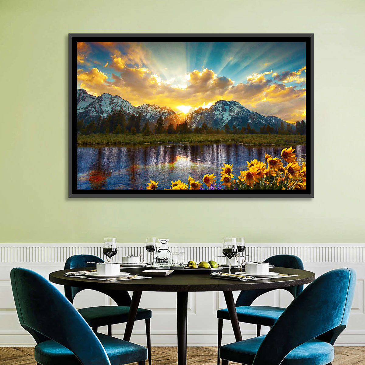 Grand Teton Sunrise Reflection Wall Art in a room, landscape