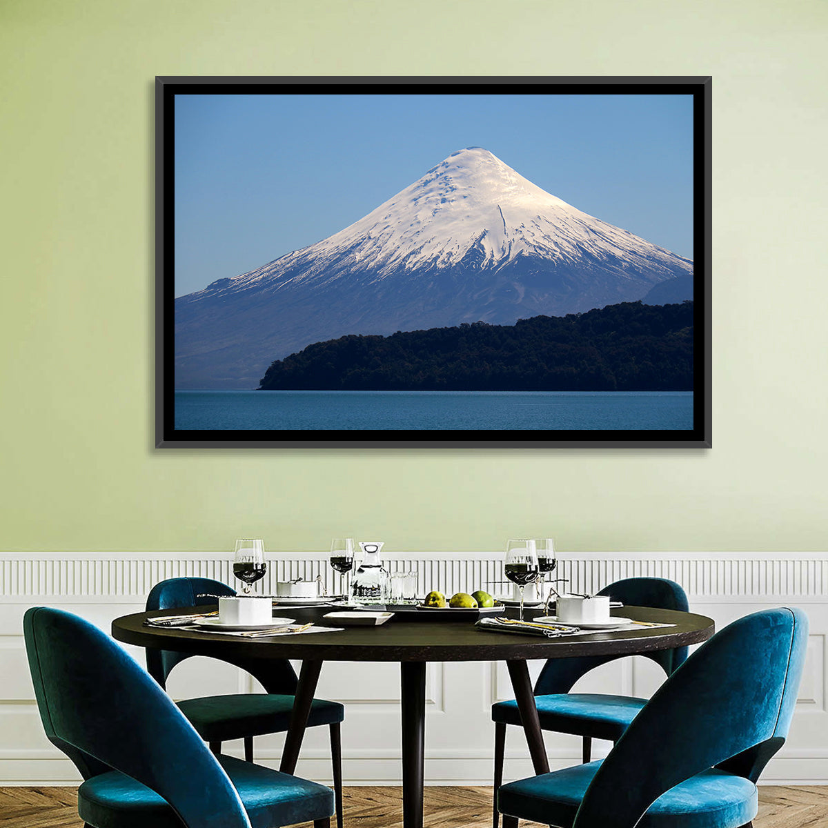 Snow-capped Osorno Volcano Over Lake Wall Art in a room, landscape
