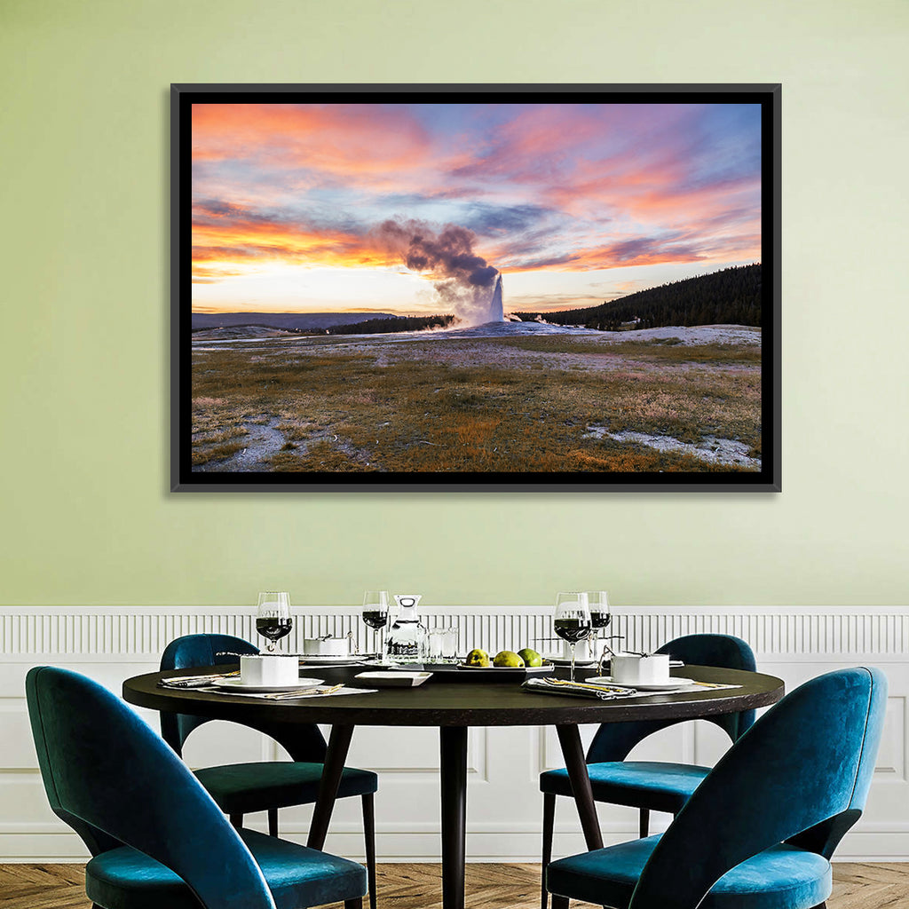 Old Faithful Erupting at Sunset Wall Art