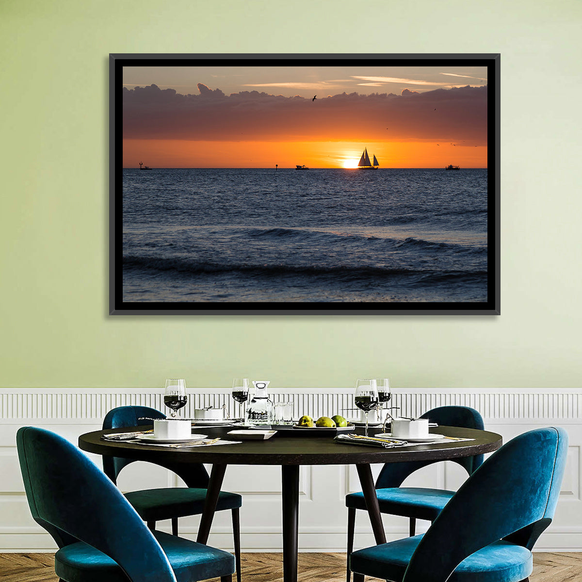 Florida Sailboat Sunset Wall Art in a room, landscape