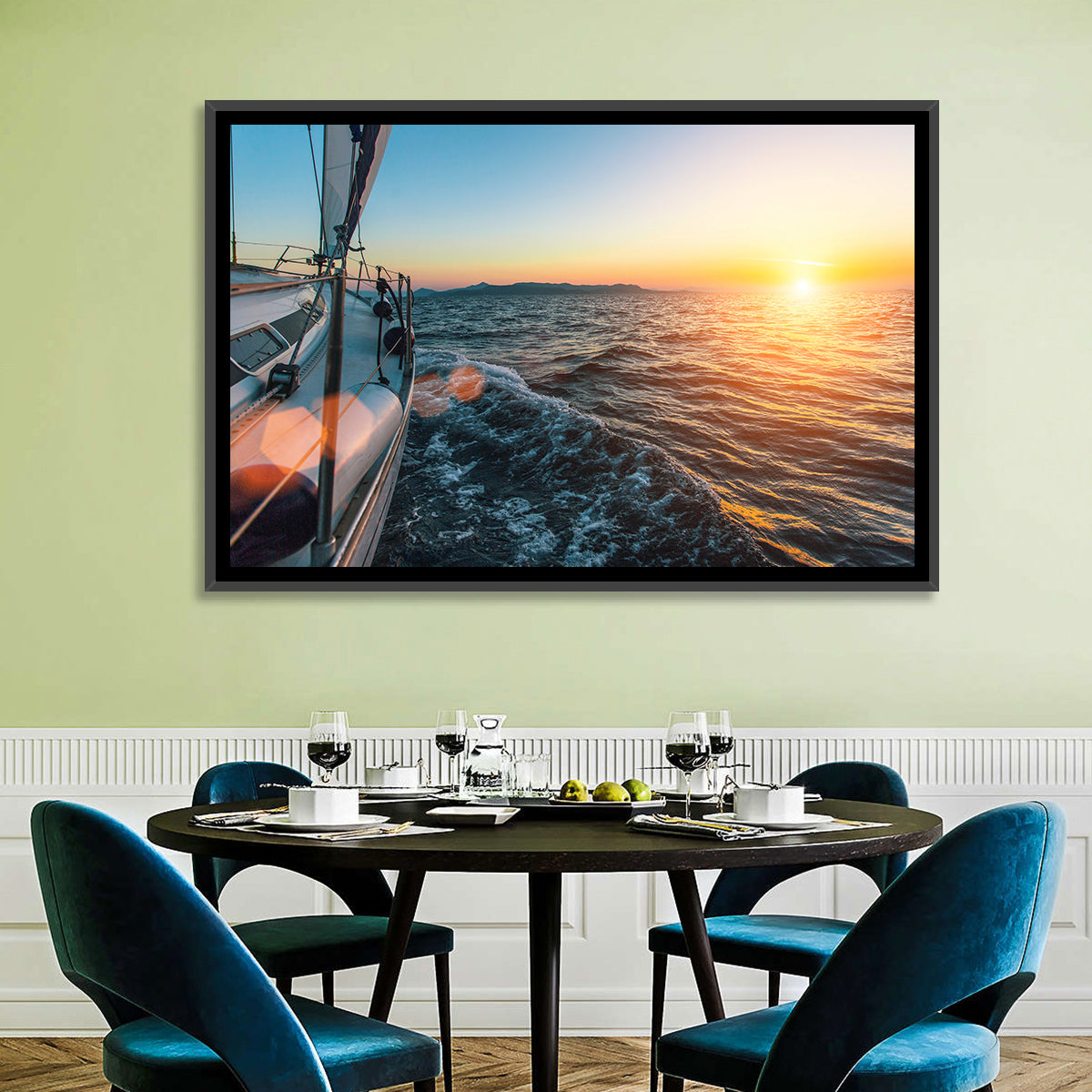 Sunset Sail from Deck Wall Art in a room, landscape