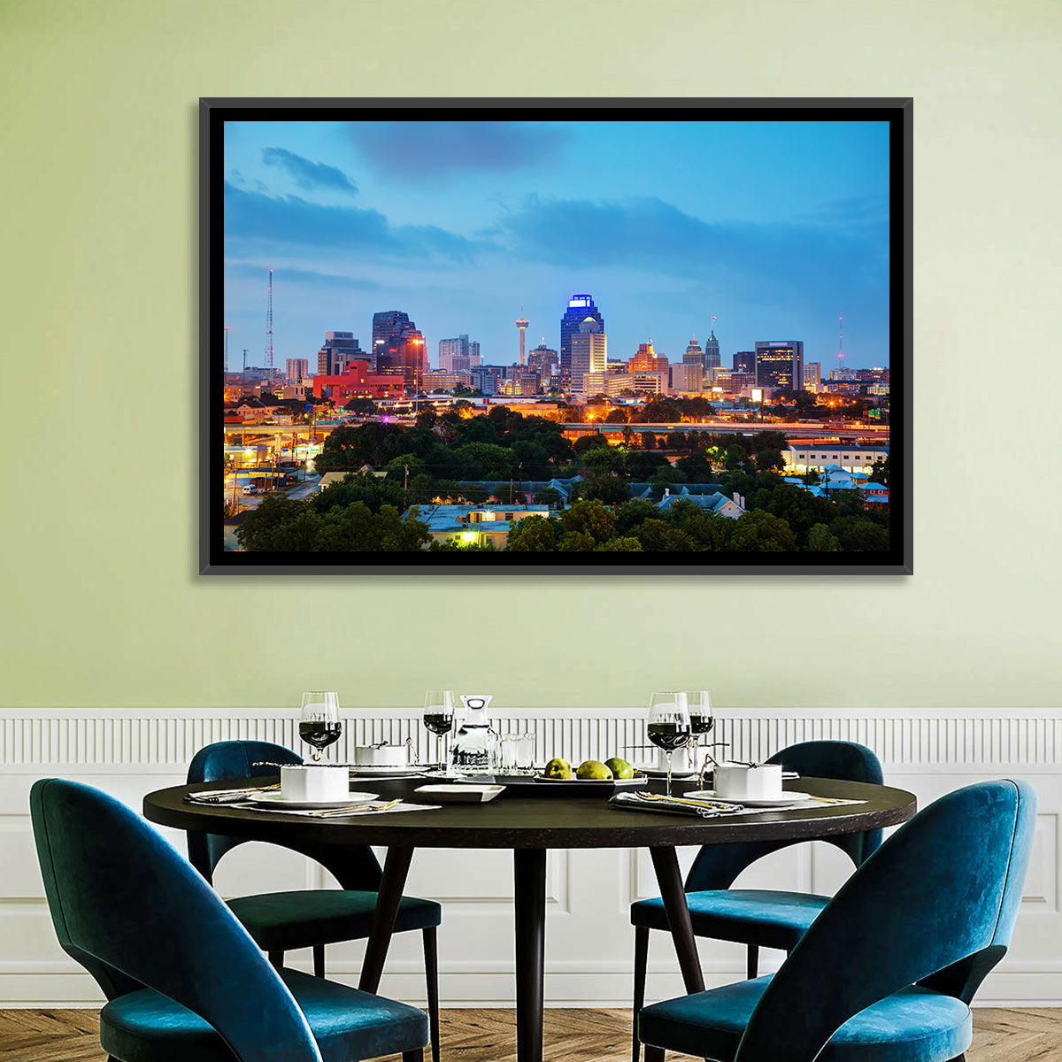 San Antonio Skyline at Dusk Wall Art in a room, landscape