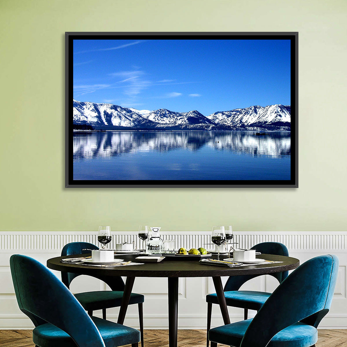 Lake Tahoe Mountain Reflection Wall Art in a room, landscape