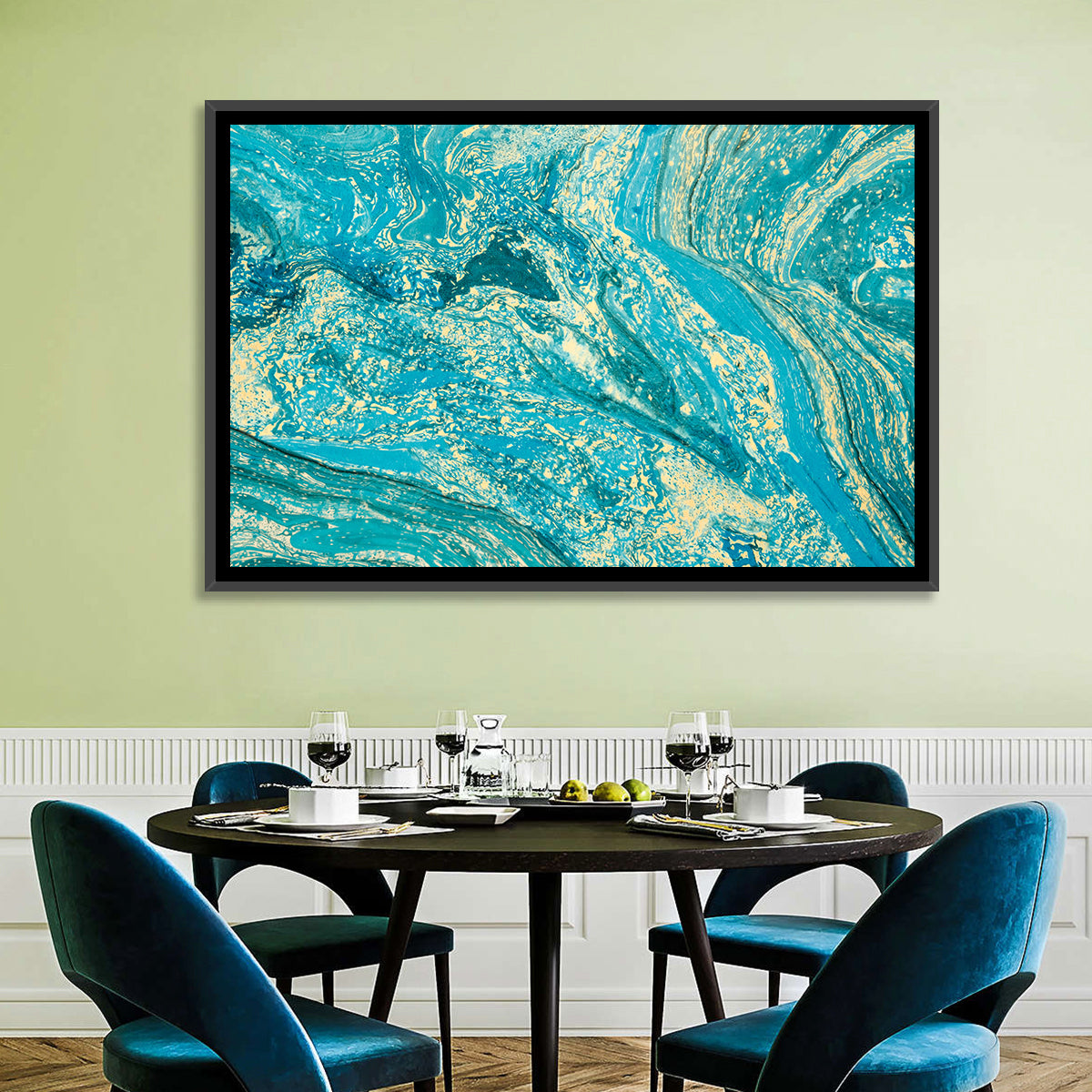 Teal Marble Swirls Abstract Wall Art in a room, landscape