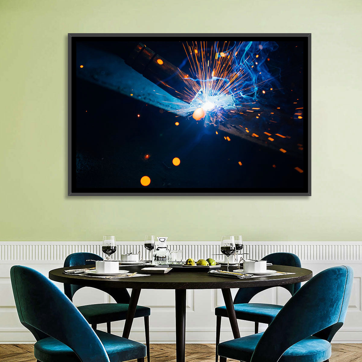 Molten Metal Sparks Wall Art in a room, landscape