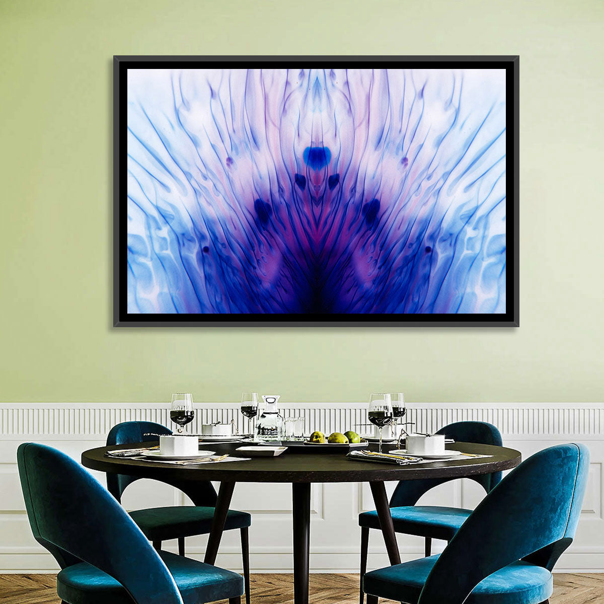 Mirrored Ink Splotch Abstract Wall Art in a room, landscape