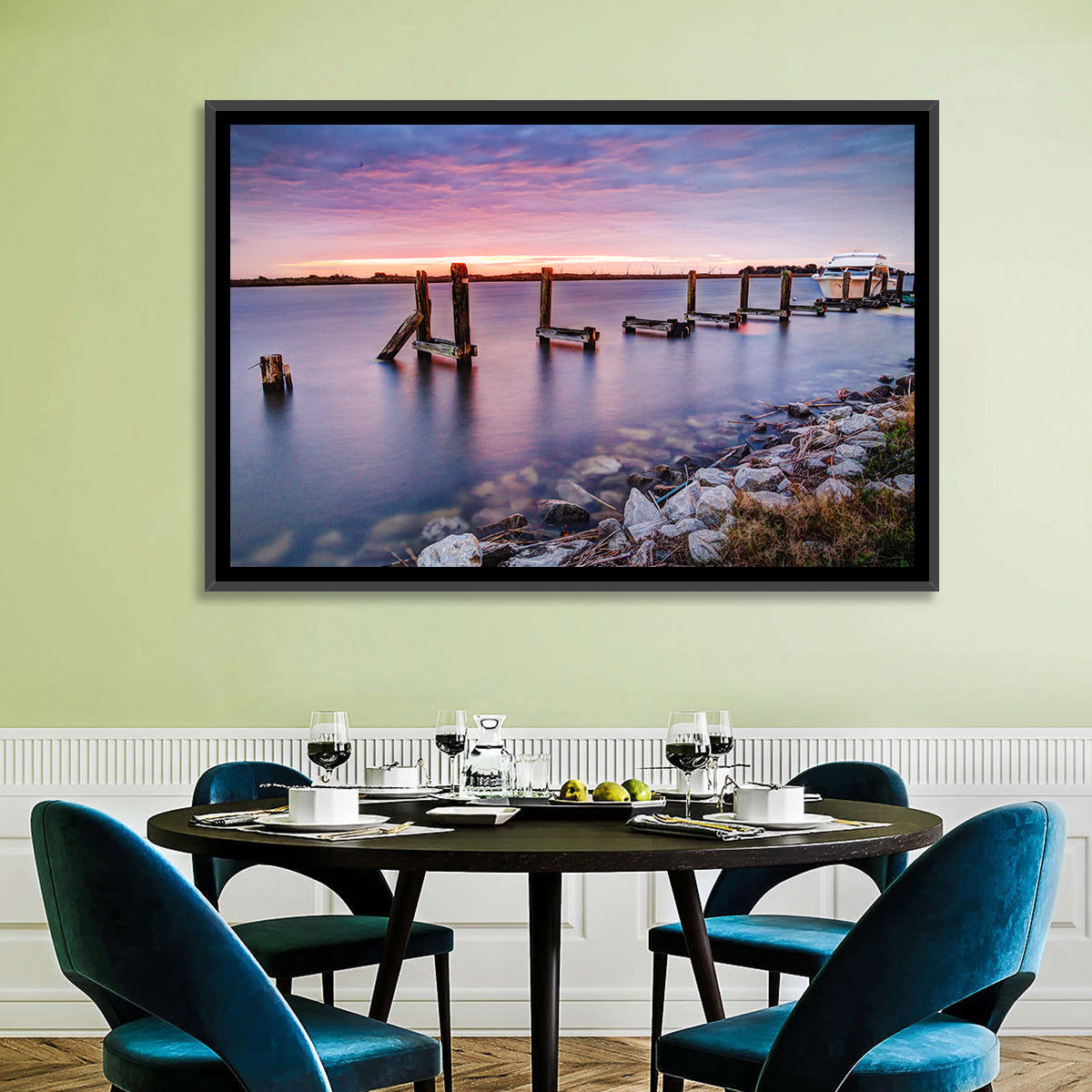 Bayou Lafourche Dock Sunrise Wall Art in a room, landscape