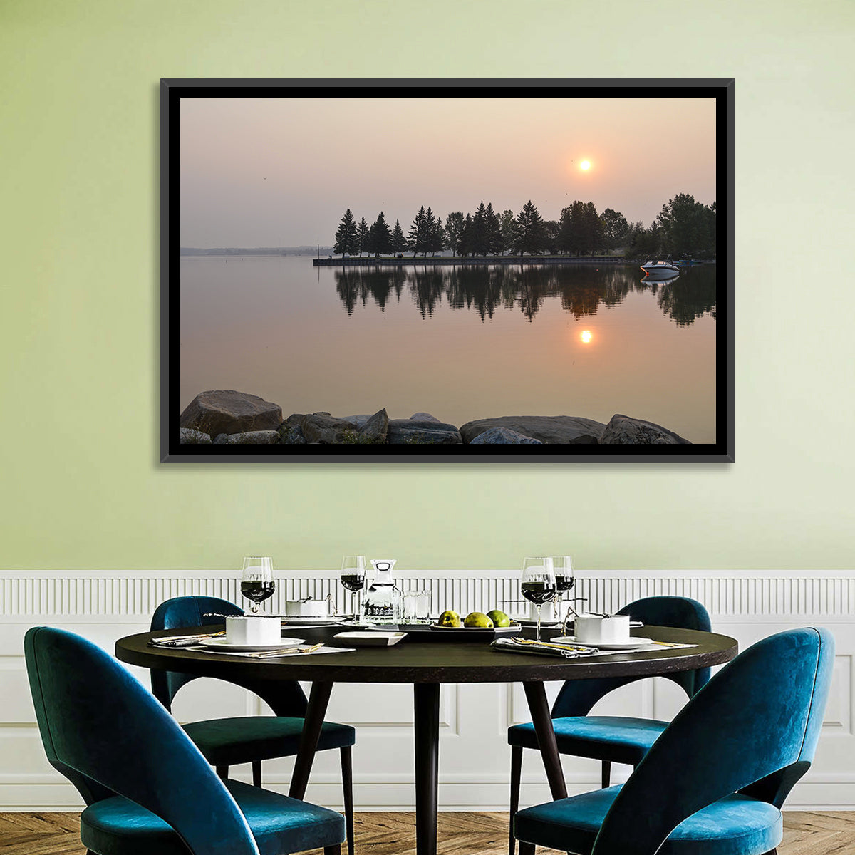 Sylvan Lake Sunset Reflection Wall Art in a room, landscape