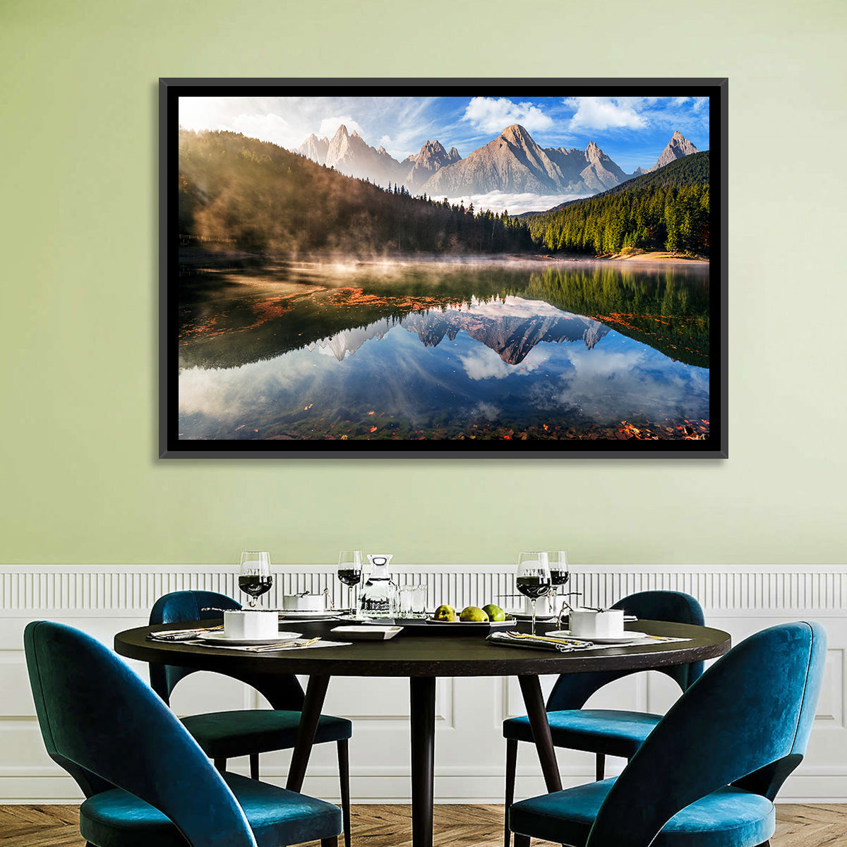 Morning Mist Mountain Lake Wall Art in a room, landscape