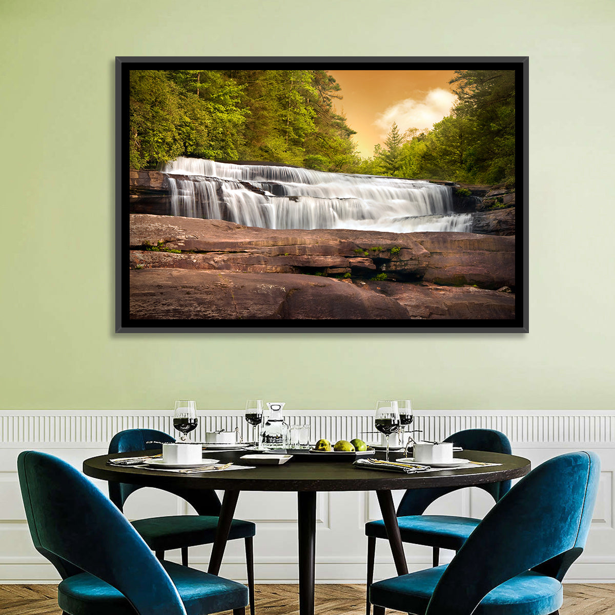 Blue Ridge Waterfall at Golden Hour Wall Art in a room, landscape