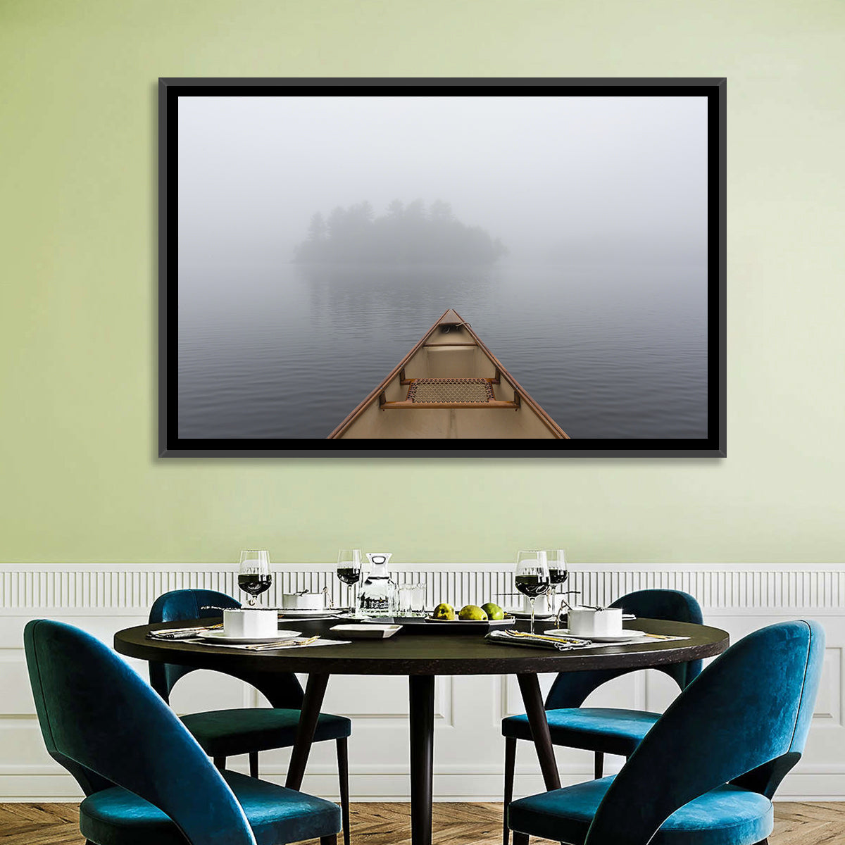 Canoe on Misty Ontario Lake Wall Art in a room, landscape