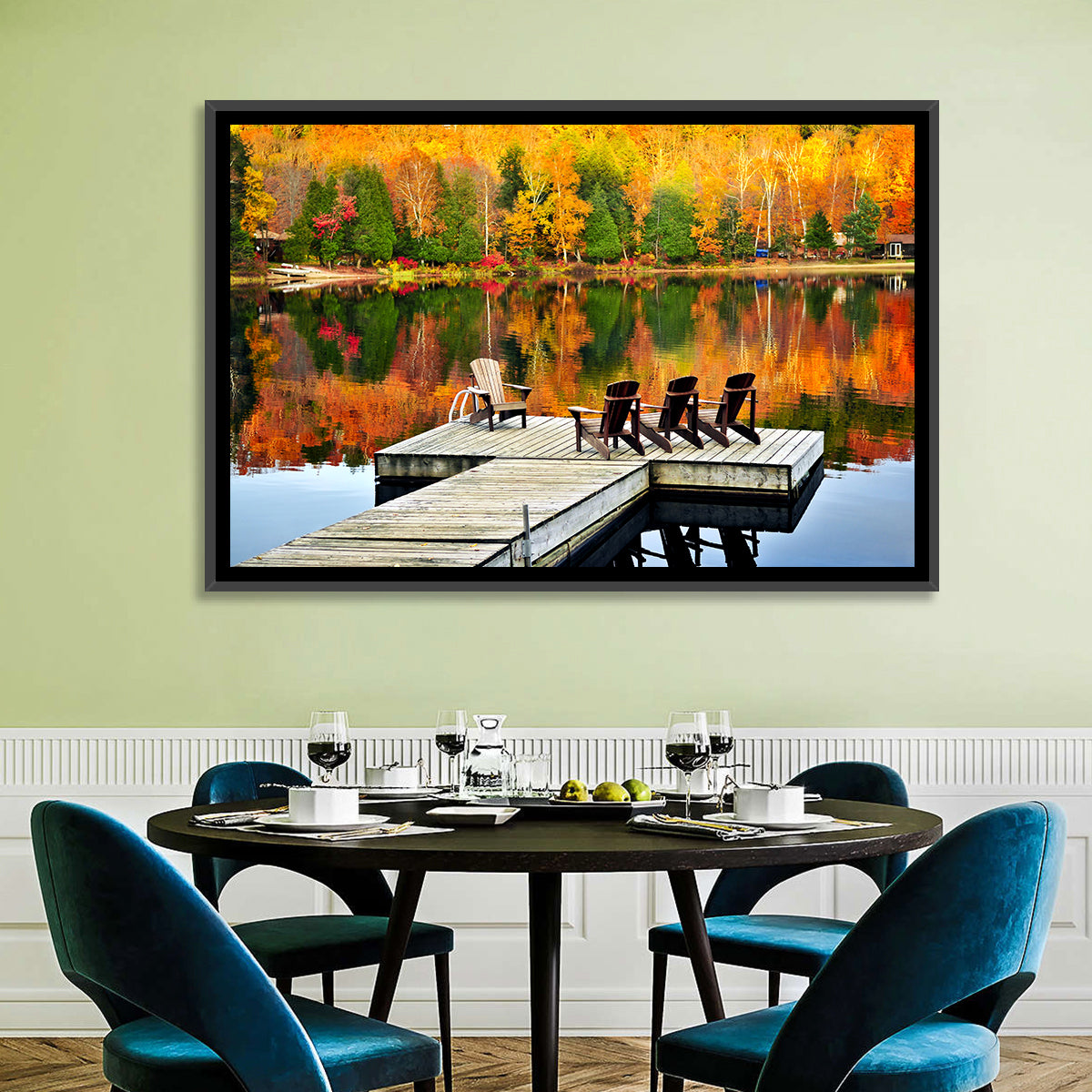 Autumn Lake Dock with Adirondack Chairs Wall Art