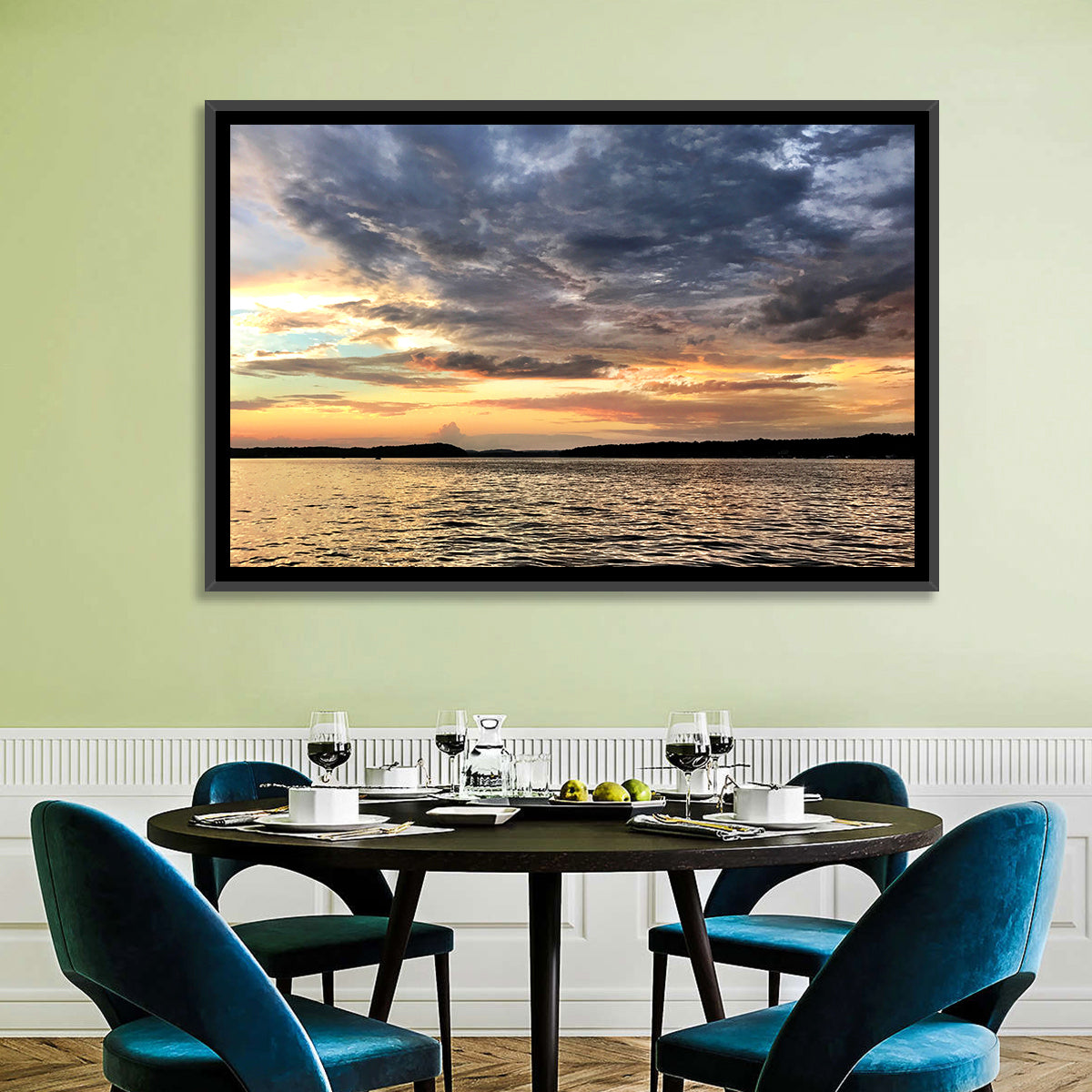 Lake Tillery Sunset Wall Art in a room, landscape