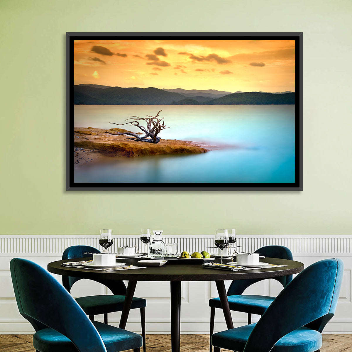 Gnarled Driftwood at Turquoise Lake Wall Art in a room, landscape