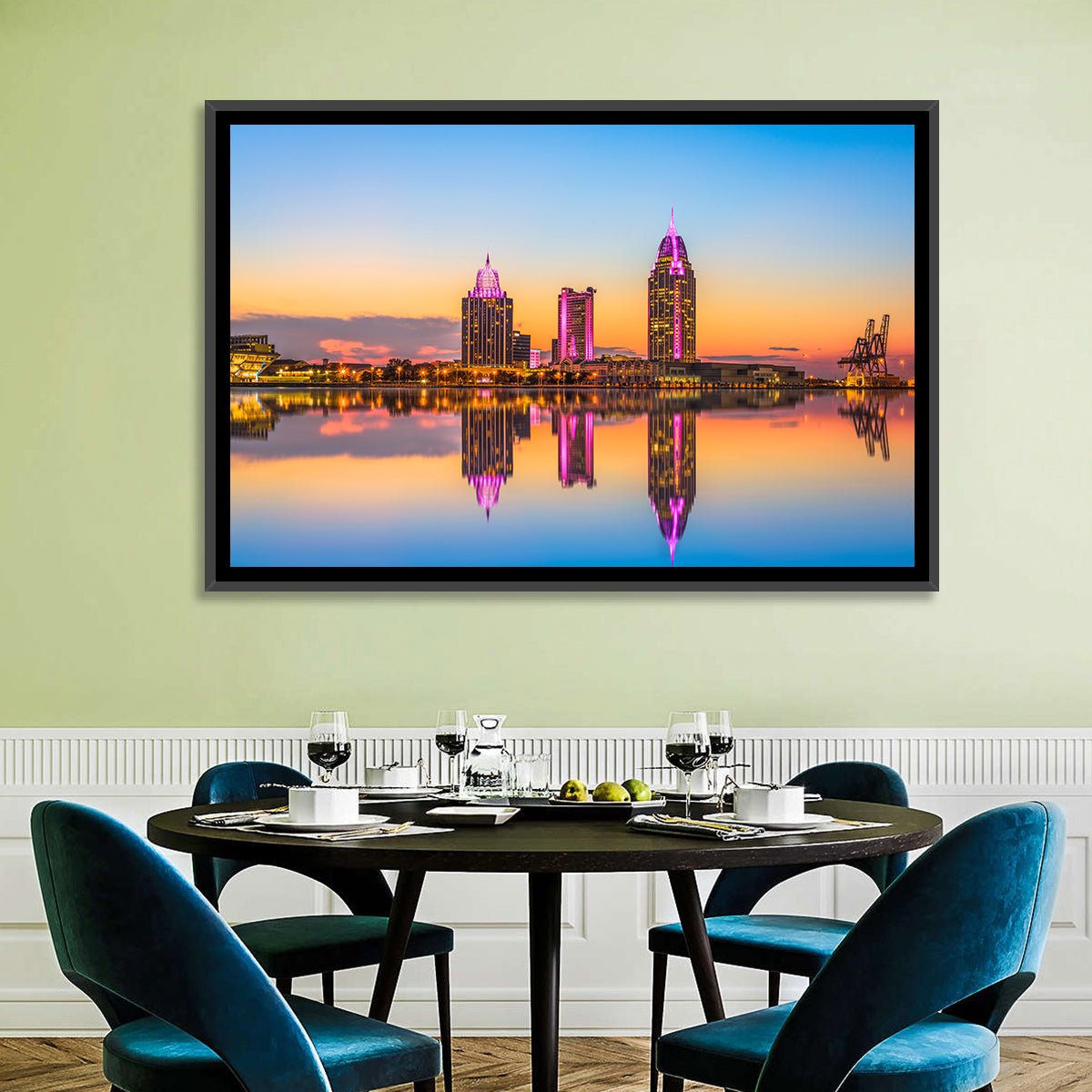 Mobile Alabama Sunset Skyline Wall Art in a room, landscape