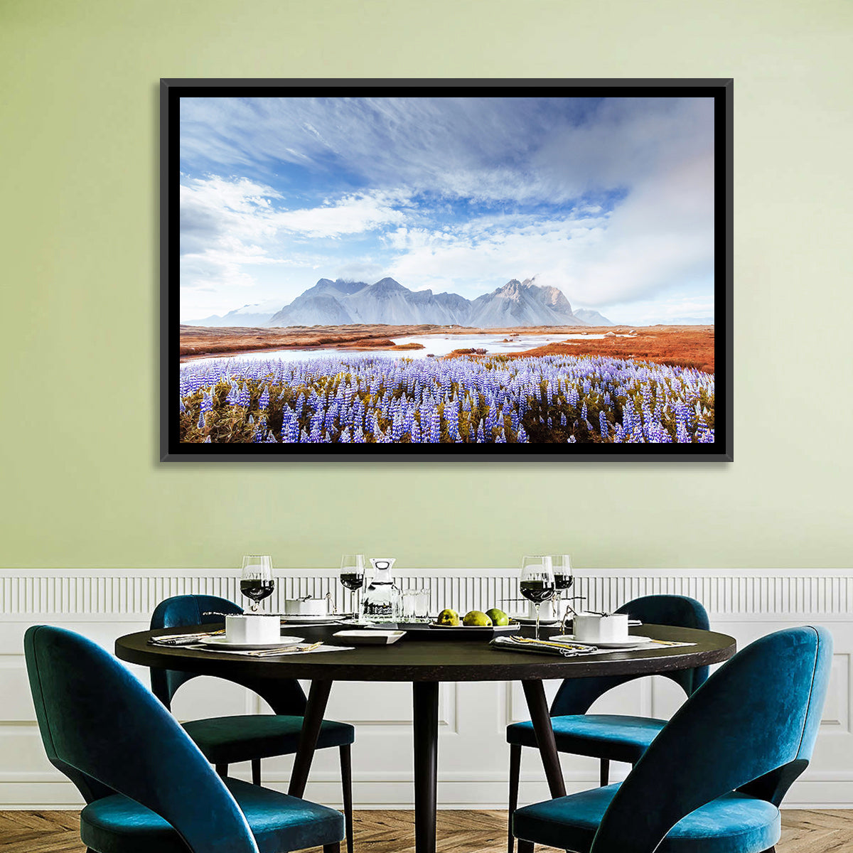 Lupine Fields at Vestrahorn Wall Art in a room, landscape