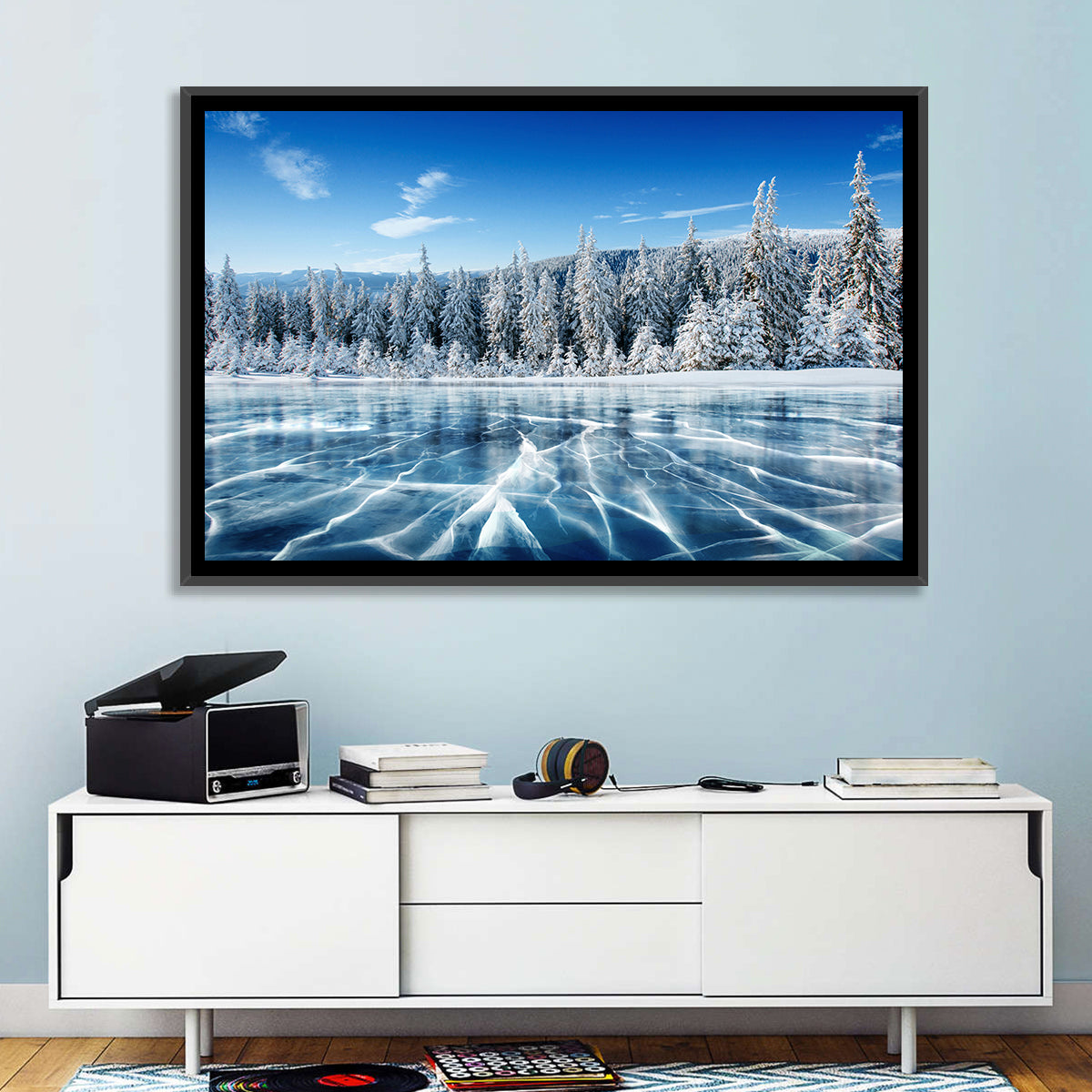 Cracked Ice Lake with Snowy Pines Wall Art in a room, landscape