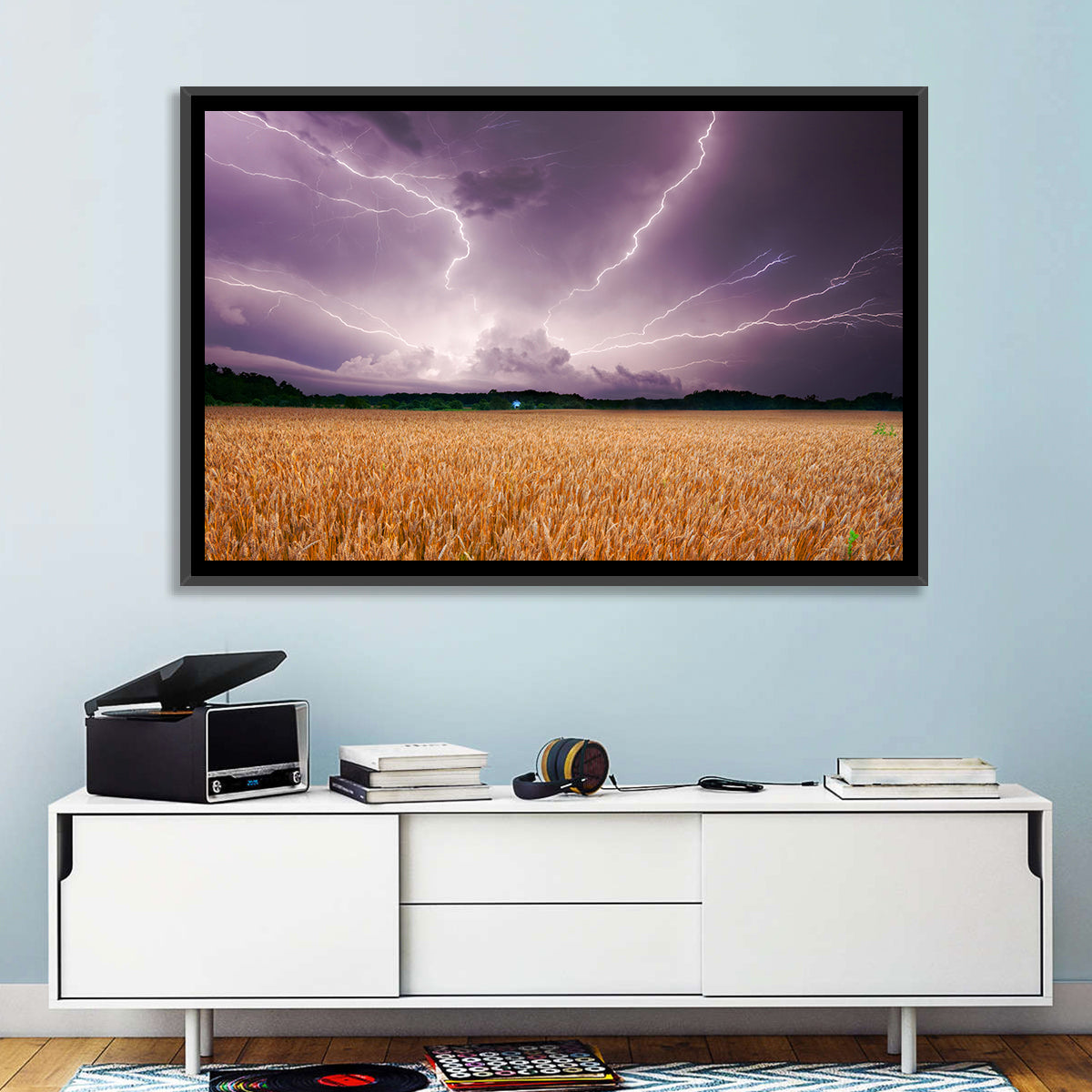 Lightning Over Wheat Field Wall Art in a room, landscape