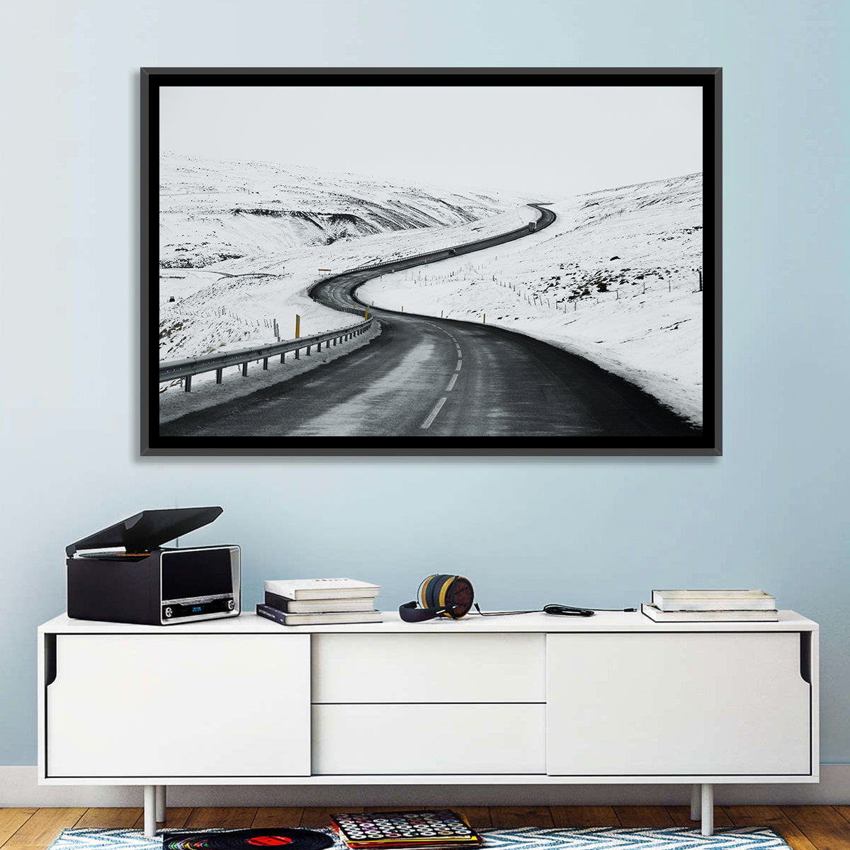 Winding Snow Road with Yellow Markers Wall Art in a room, landscape