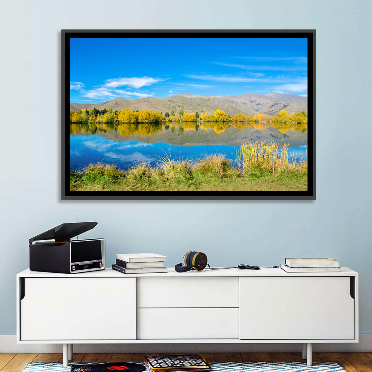 Ruataniwha Autumn Reflection Wall Art in a room, landscape