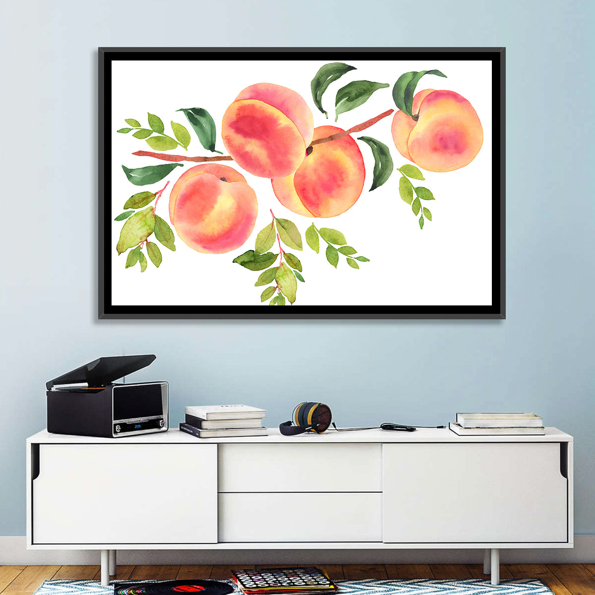 Watercolor Peach Branch Wall Art in a room, landscape