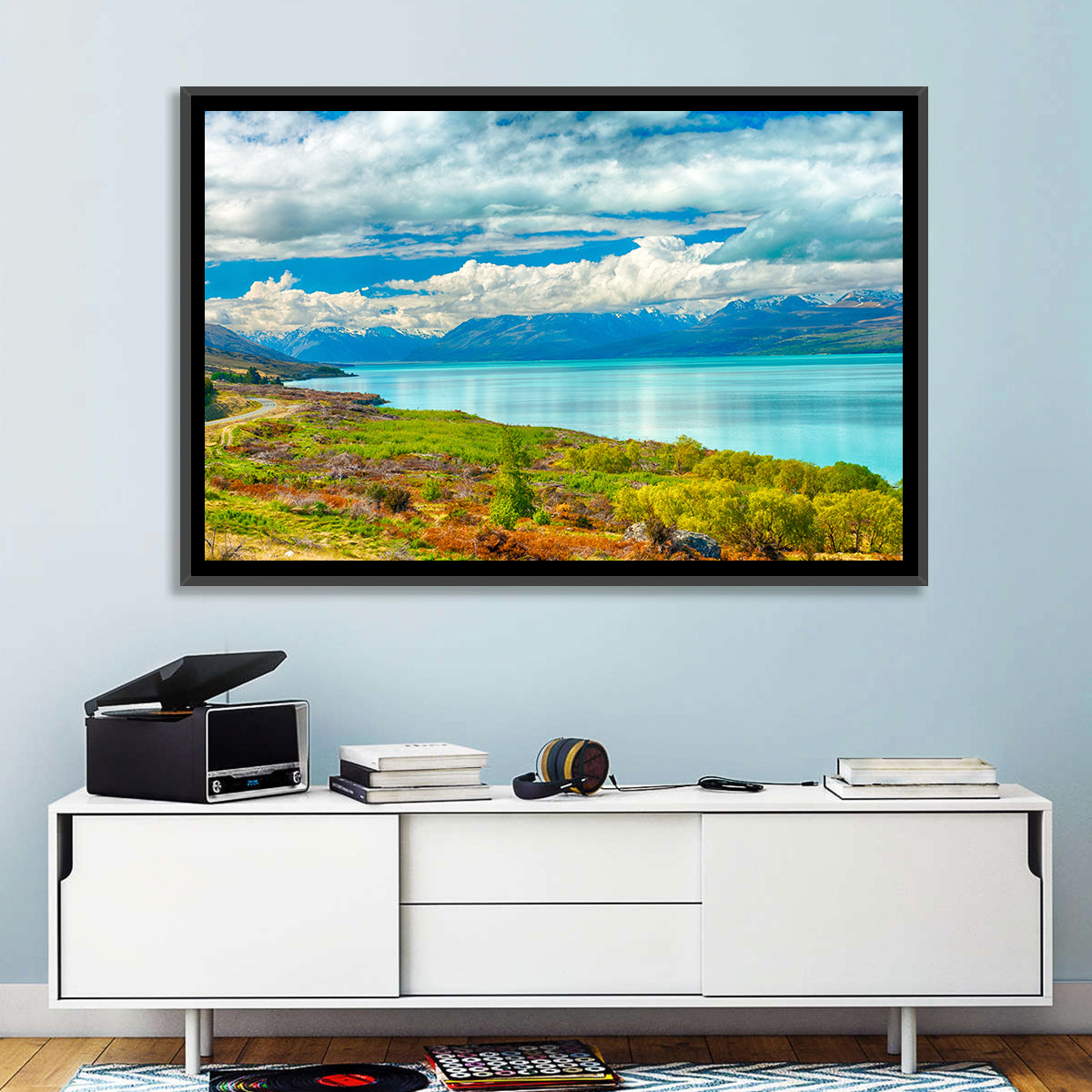 Turquoise Lake Pukaki with Mount Cook Wall Art in a room, landscape