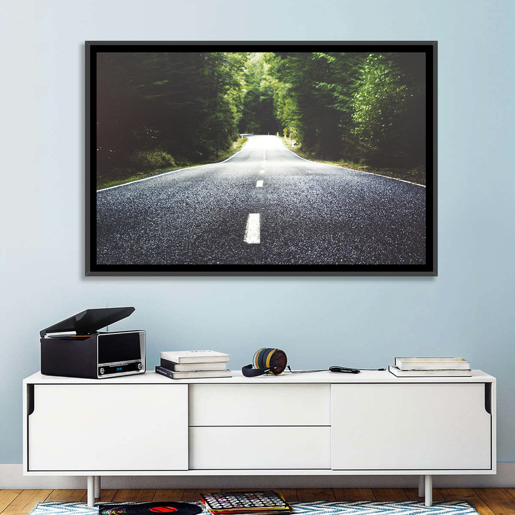 Summer Forest Road with Yellow Sign Wall Art