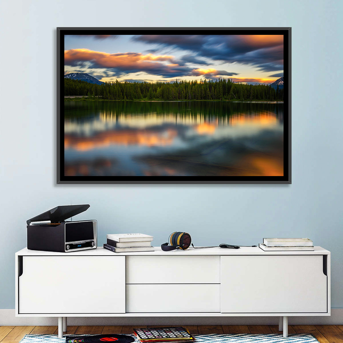Herbert Lake Sunset Reflection Wall Art in a room, landscape