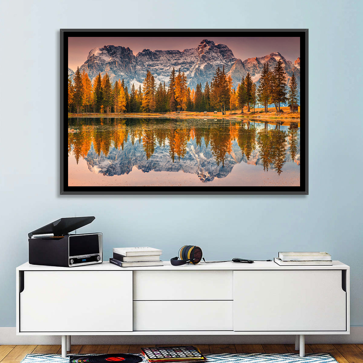 Antorno Lake Autumn Reflection Wall Art in a room, landscape