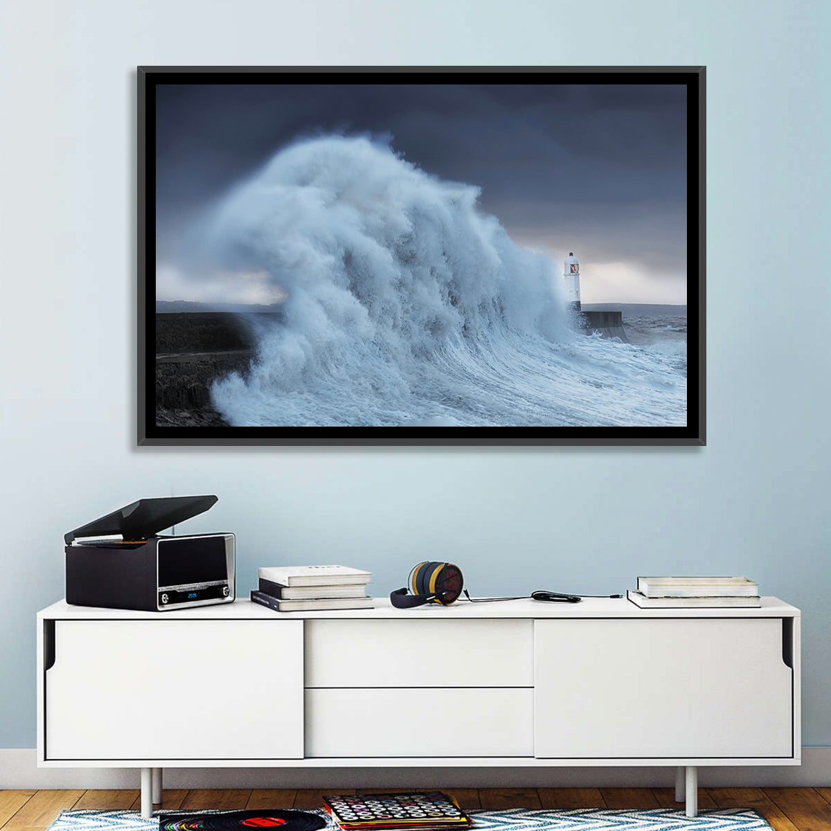 Lighthouse in a Sea Storm Wall Art in a room, landscape