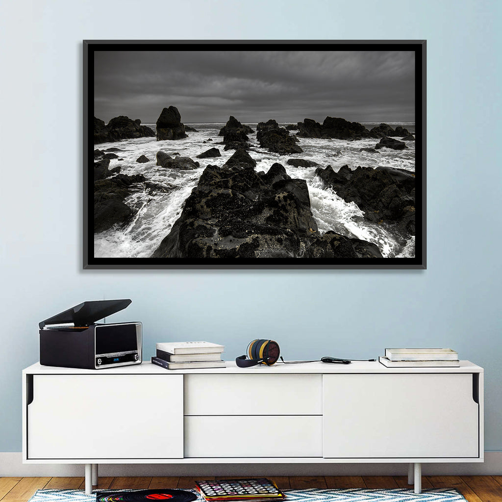 Moody Black and White Rocky Coast Waves Wall Art